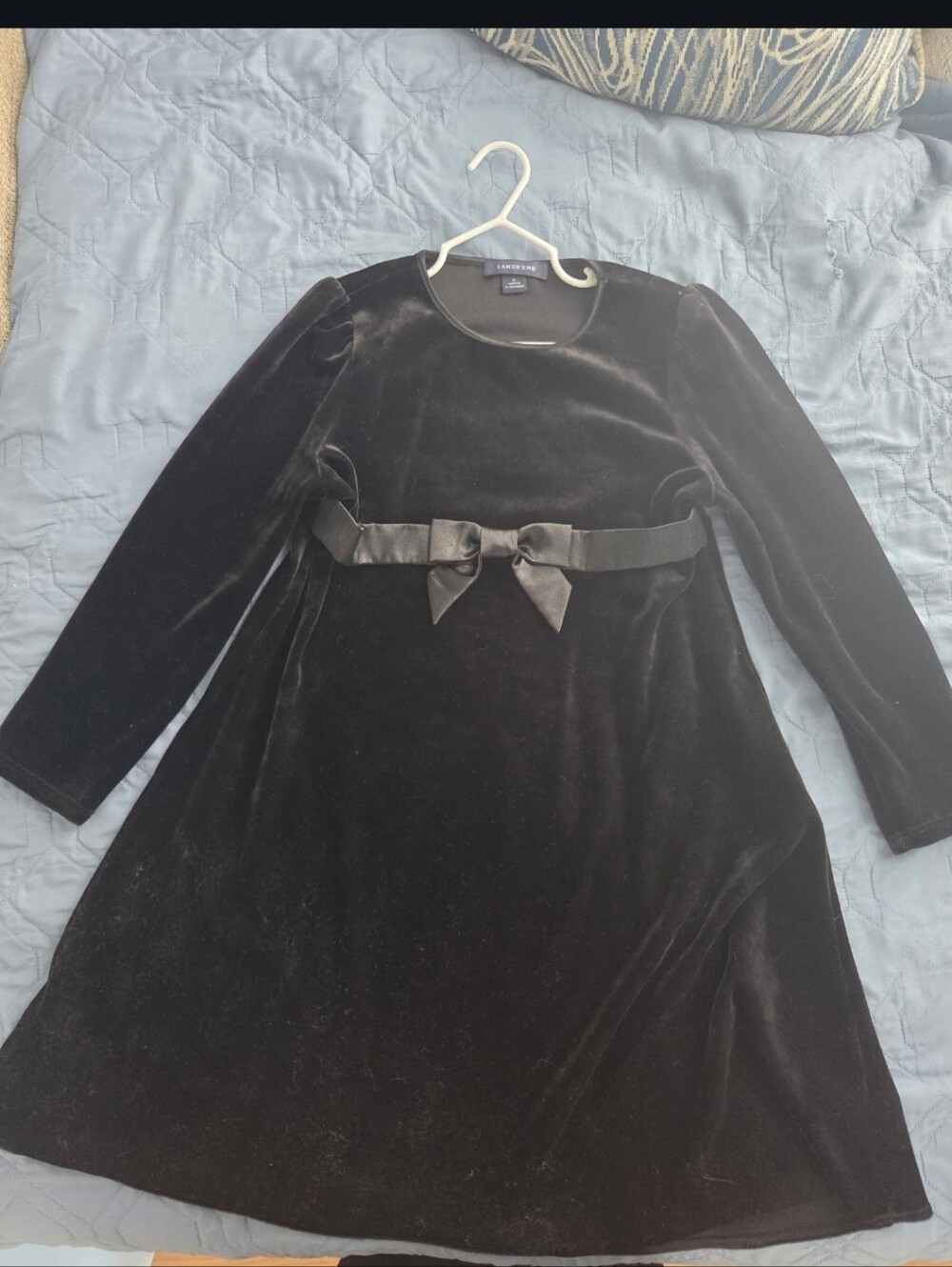 Lands' End Black Velvet Bow-Front Girls Dress